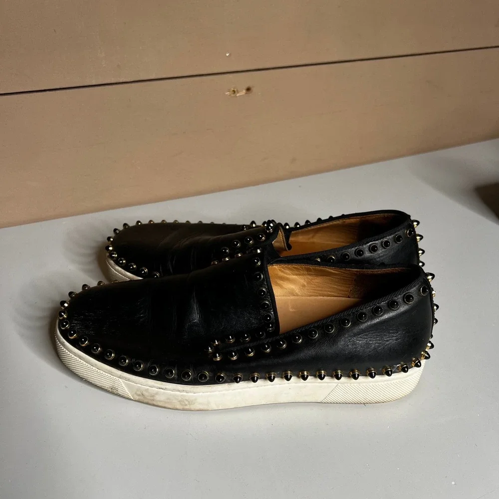 Christian Louboutin Roller Boat Black Leather Spiked‎ Slip On Sneakers 37.5